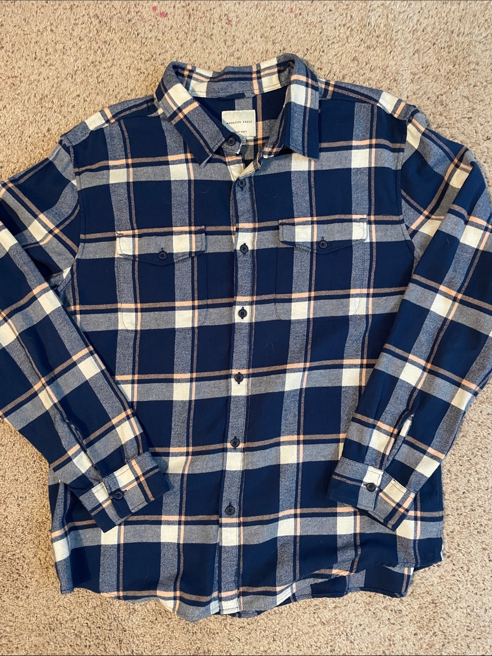 American Eagle Outfitters Navy and Cream Plaid Button-Down Shirt